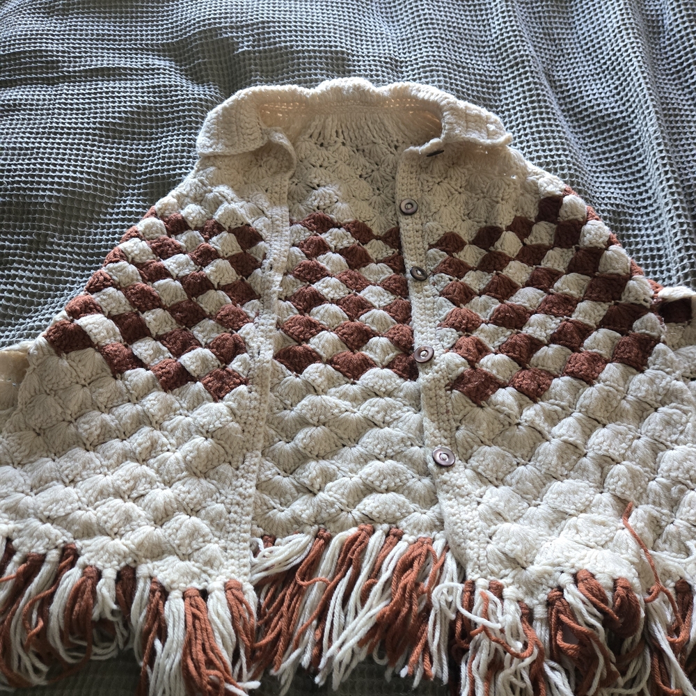 Vintage Boho Crochet Fringe Cardigan in Cream and Rust